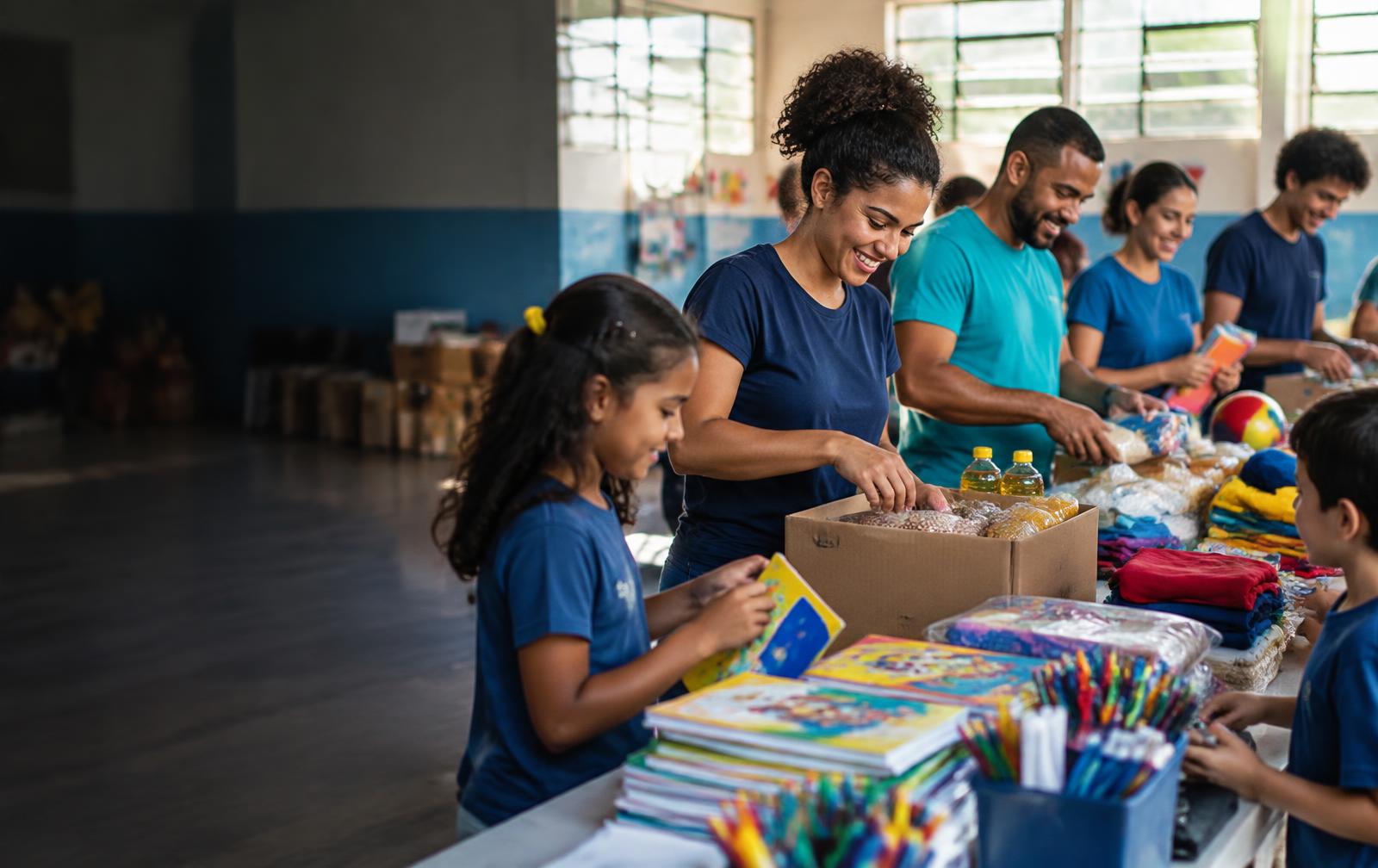 Voluntários preparando materiais e doações para uma ação comunitária